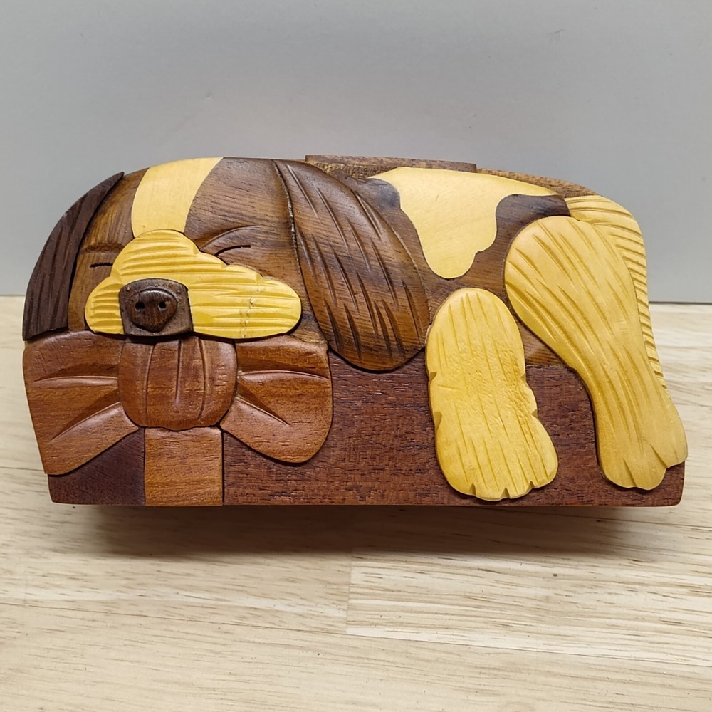 Carver Dan's Handcrafted Wood Puzzle Box "Secret Treasures" Sleeping Dog- Puppy